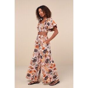 NWT!Lulus Exceptionally Dressed Beige Floral Smocked Two-piece Jumpsuit - Size L